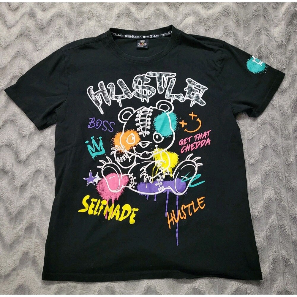 Switch Remarkable Mens XL Black Hustle T Shirt Neon Bear Y2K Style Bling